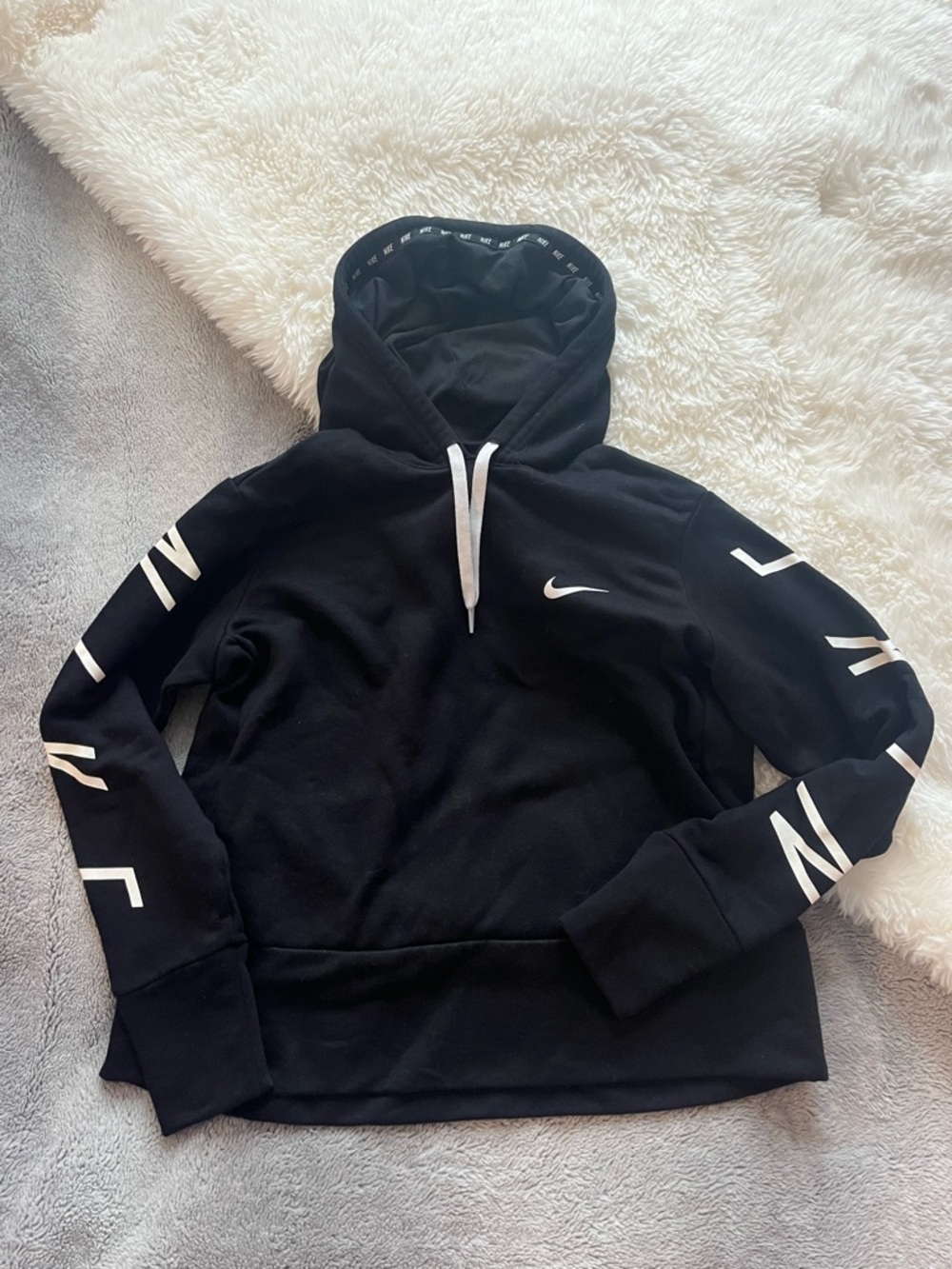 Nike Black Women’s Hoodie with White Swoosh & Sleeve Graphics